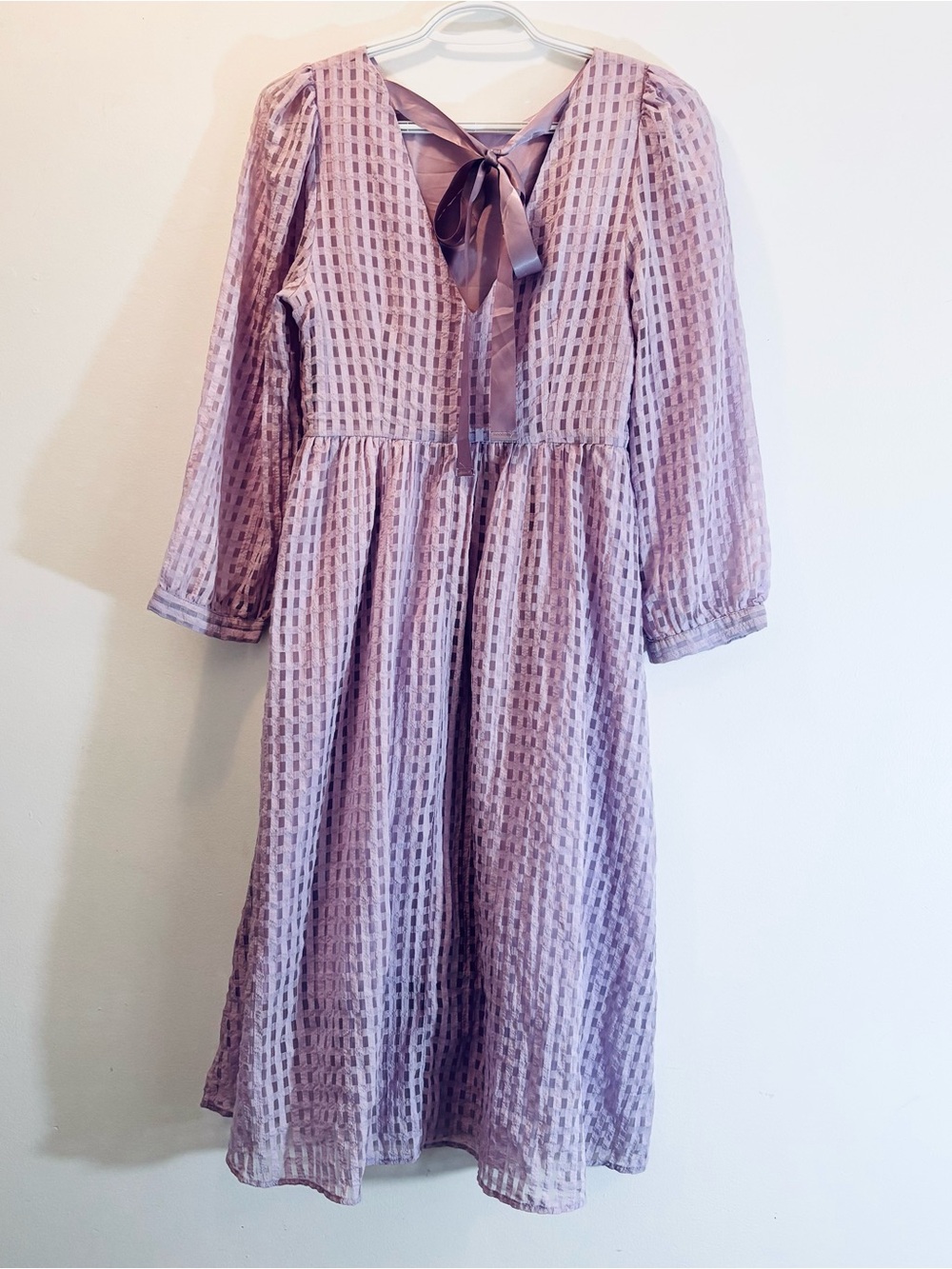 LOOWÔ Mauve Grid Gingham Textured Puff Sleeve Midi Dress M Cottagecore - Picture 5 of 8